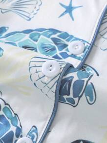 2 piezas Conjunto de pijama para niños, nueva ropa de verano de manga corta tipo cardigan informal, lavable con estampado de tortuga marina azul, adecuado para niños y niñas mayores