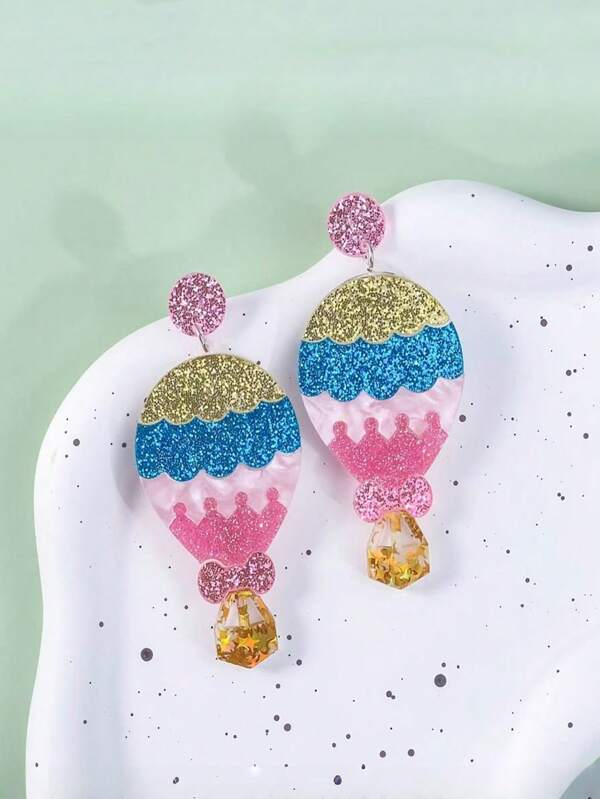 1 Pair, Fashion Simple Patchwork Colorful Hot Air Balloon Acrylic Pendant Earrings, Suitable For Women Beach Holiday, Daily Outfit, Travel Wear, Festival Gift
