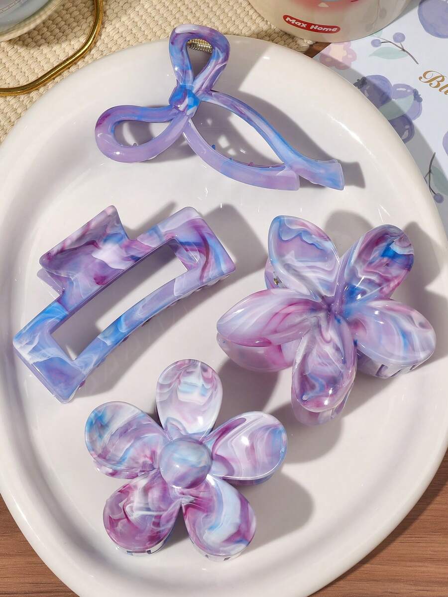 4个波西米亚甜美紫色渐变大理石纹蝴蝶花朵发爪夹，春夏沙滩时尚发饰，优雅发夹，秋冬度假装扮花朵发饰，女士发饰蝴蝶结 - 彩色 - 查看 1