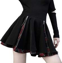 Gothic Skirts Cute High Elastic Waisted Plaid Kilts For Girl  Hem Flared Knee Length Mini Skater Skirt - 黑色 - 查看 1