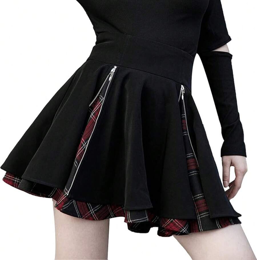 Gothic Skirts Cute High Elastic Waisted Plaid Kilts For Girl Hem Flared Knee Length Mini Skater Skirt - 黑色 - 查看 1