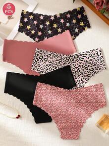 5 piezas de bragas tipo hipster sin costuras a rayas onduladas para mujeres, ropa interior estirada transpirable y suave, con estampados de leopardo, estrella y unicolor, adecuado para todas las estaciones y uso diario - Multicolor - Ver 4