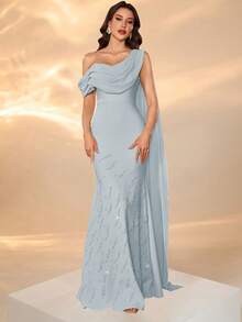 Elisanya 女式深垂领无袖连衣裙，搭配飘逸长领带，胸部褶皱设计，纯色，修身廓形，优雅缀饰下摆长裙（随机水钻和珠饰），露背系带设计，小鱼尾下摆 - 藍色 - 查看 6