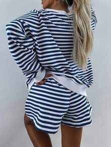 2 Pieces Set Spring Autumn Fashion Classic Stripes V-Neck Long Sleeves Loose Top Comfortable Shorts Casual Fashion Suit Home Clothes Set - Màu xanh lam - Xem 2
