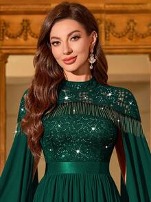 Elisanya 亮片花卉蕾丝高领斗篷袖雪纺褶边正式派对长裙，端庄女士连衣裙，正式晚礼服 - 查看 7