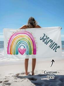 Toalla de playa personalizable con texto personalizado y diseño de arcoíris y dibujos animados - Suave, de secado rápido y portátil, artículo esencial para salidas a la playa en verano, regalo perfecto para viajes de graduación y regalo de viaje romántico de regreso a la escuela