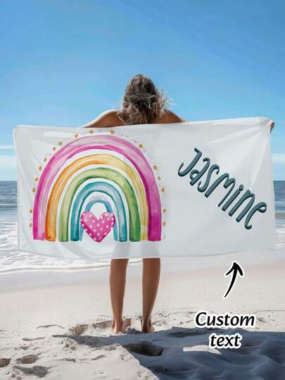 Customizable Personalized Text Rainbow Cartoon Pattern Beach Towel - Soft, Quick-Drying, Portable Beach Bath Towel, Essential Item For Fall Decor Beach Outings, Perfect Gift For Graduation Trips, And Romantic Travel Gift Back To School Shower Towels For Beauty Salon, Hotel Sports,Home Essentials, Towel, Skin Care
