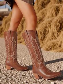 Womens Jaripeo Long Boots For Women Comfortable Retro Pull On Pointed Toe Wide Calf Long Tall Block Chunky Heel Dark Brown Boots Country Concert Festival Shoes - màu nâu - Xem 4
