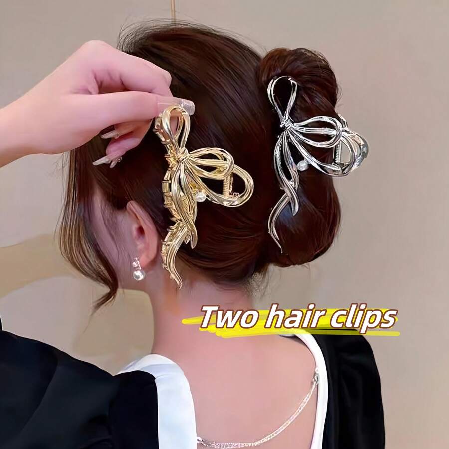 1pc Exquisite Bow Design Hair Claw Elegant Hair Clip For Women, Chic & Luxurious Barrette Accessory Fashion Hair Accessories Beauty Claw Clips Fall Winter For Vacation Outfits Woman - Silver + Gold 2 Pack - View 1