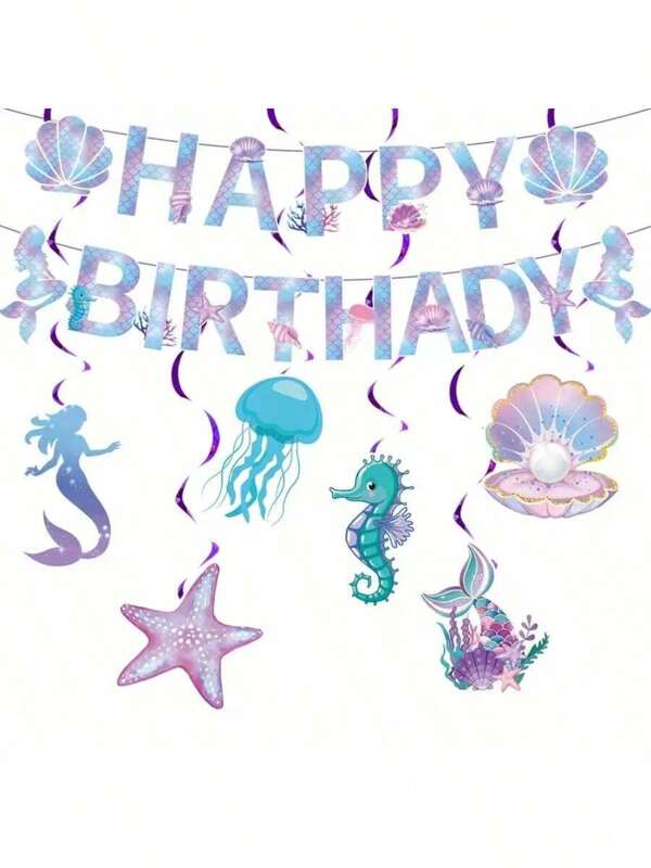 Mermaid Theme Birthday Party Decorations Set - Easy To Assemble "Happy Birthday" Banner With Hanging Swirl Set, 75 Inch Long Ribbons, Durable Party Decors Suitable For Submarine Theme Celebration, Christening Party And Gender Reveal Party School Supplies, Back To School