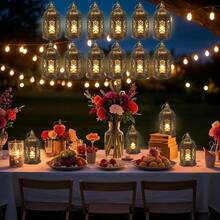 12pcs/Set Vintage LED Lantern String Lights, Ideal As Halloween And Christmas Party Table Centerpieces. These Mini Lanterns Come With Flickering LED Candles, Adding A Sparkling Touch To Christmas Table Settings. They Are Vintage Hanging Lanterns, Also Styled As Moroccan Lanterns, And Serve As Essential Decorative Items For Weddings, Christmas, And Halloween. - Đèn gió lục giác - Xem 14