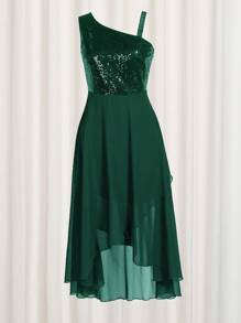Women Prom Dresses Sequin One Shoulder Wrap Sleeveless High Waist A Line Midi Dress High Low Party Dress
