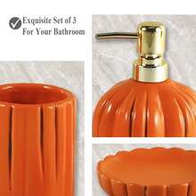 1 zestaw ceramicznych akcesoriów łazienkowych (3 sztuki), dekoracja łazienki z dynią na Halloween, jesienne zestawy łazienkowe, uchwyty na szczoteczki do zębów, dozownik do mydła, mydelniczka, organizer łazienkowy na blat kuchenny, ceramiczny dozownik do mydła w płynie o zapachu wdzięcznej dyni,