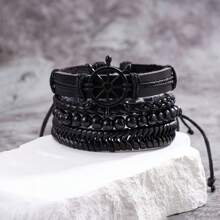 4pcs Boho Style Multi-Layer PU Leather & Wax Rope Braided Bracelet With Wooden Beads & Anchor Pendant, Adjustable Size
