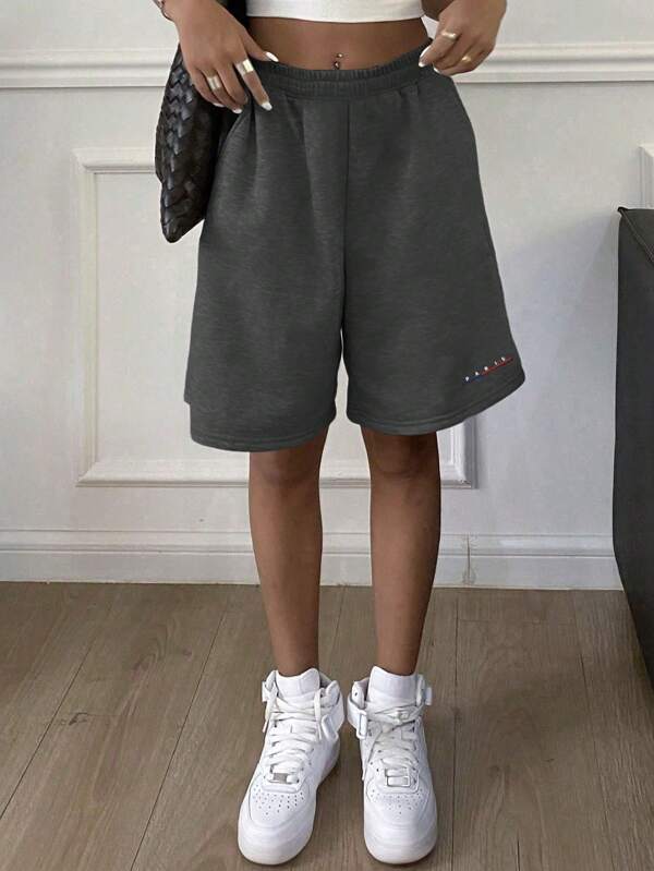 1 Stück Mädchen & Teens lässige, weite Shorts mit Tasche und Buchstaben-Muster aus Milchseide für Sport Outdoor, Frühling/Sommer/Herbst