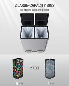 HaluPeit Kitchen Trash Can, Waste Separation System 2 Compartments 60L (2 X 30L), Stainless Steel Kitchen Trash Can, Pedal Bin, Waste Bin Quiet Slow Descent, With 15 Exclusive Waste Bags, Silver - Bạc - Xem 7
