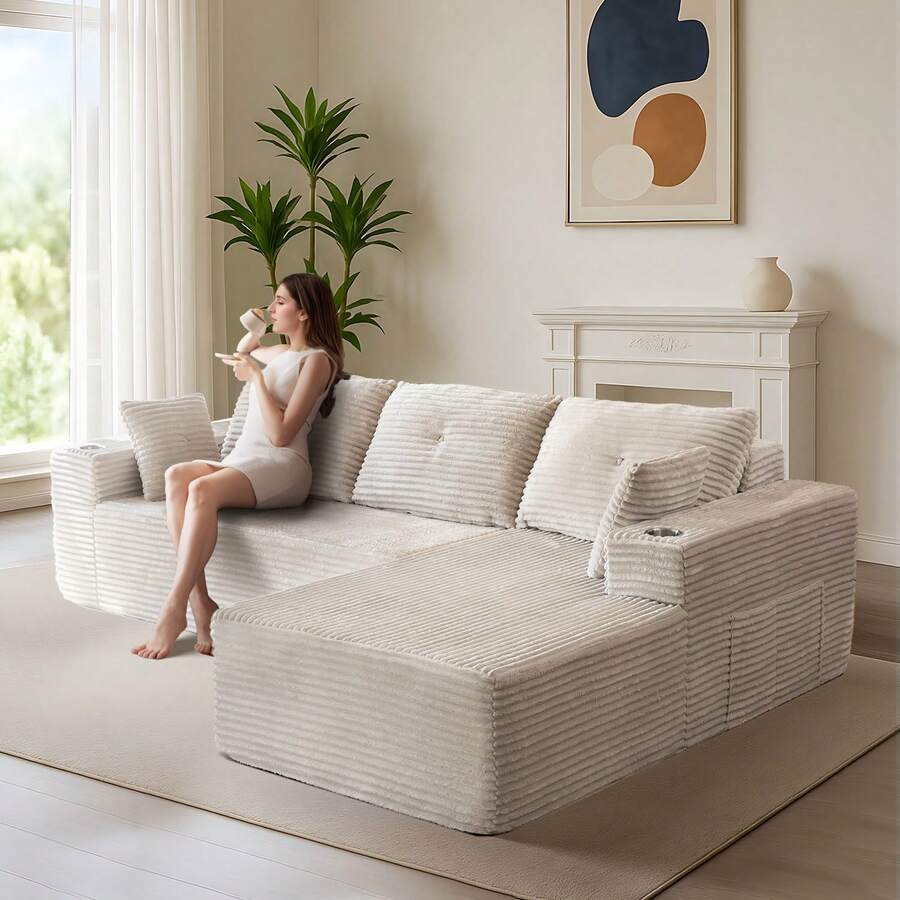 MAXYOYO 111 Inch Cloud Sectional Sofa With L-Shaped Lounge Chair,Modern Comfort Sectional Plush Corduroy Sofa For Living Room,No Assembly Required - Màu Xám nhạt - Xem 1
