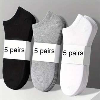 5 Pairs Of Black, White, And Gray Solid Color Thin Short Socks Set, Simple And Multifunctional Casual Invisible Socks, Suitable For Both Men And Women, Suitable For All Seasons, Moisture Absorbing Sports Socks, Anti Slip Design
