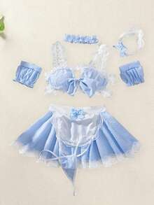 Women's Maid Lingerie Set Sleeveless Plaid Print Bow And Panty Apron Skirt Set Exotic Nightwear - 藍色 - 查看 3