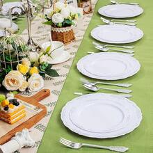 60PCS White Plastic Plates, Heavy Duty White Disposable Plates Premium 10inch Dinner Plates Hard Plastic Plates Disposable Party Wedding Bridal Shower-ZCC - 白色和銀色 - 查看 4
