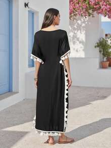 Beauace Women Tassel Long Dress Deep V-Neck Bat Sleeve Loose Fit Robe Summer Beach Cover-UP - 黑色 - 查看 5