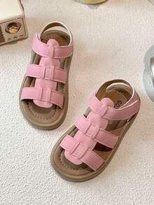 1 双儿童合成皮革凉鞋，饰有纯色编织带，休闲百搭平底凉鞋，适合夏季日常旅行