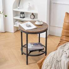 Wood Round End Table, 20" Vintage Brown End Table Sofa Side Table Small Circle Table For Living Room, Rustic Farmhouse Wooden End Table With Metal Mesh For Room Corner, Living Room, Bedroom - Multicolor - View 9