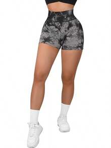 Seamless High Waisted Booty Shorts For Workout - 3" Black Tie Dye - View 8