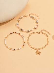 3件套波西米亚风格仿珍珠天然贝壳手工脚链，时尚金色海星吊坠串珠脚饰，适合海滩和日常佩戴。手工链长度可定制，天然贝壳的形状、大小和图案随机。