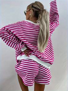 Comfortable Classic Striped V-Neck Long-Sleeved Loose Top; Comfortable Elastic Shorts; Casual And Fashionable Versatile Home Outfit Set. - 玫紅 - 查看 3