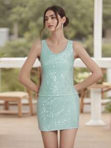 Womens Two Piece Summer Outfits Glitter Sequin Sleeveless Tank Tops And Mini Skirt Set Clubwear