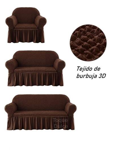 Funda para sofá fabricada en tela elástica 3D con un elegante diseño de burbujas y falda decorativa. Lavable, de gran elasticidad, cómoda al tacto y resistente a la suciedad. Perfecta para salones, dormitorios u oficinas, y especialmente práctica para espacios con mascotas. Disponible en diferentes tallas.