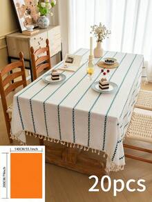 1pc Japanese Minimalist Ins-Style Green Geometric Stripe Embroidery Rectangular Tablecloth With Tassels, Washable, Suitable For Family Gatherings, Birthday Parties, Weddings, Dinners, Home Decor, All Seasons - Multicolor - View 21