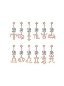 1 bucată culoare argintie culoare auriu-roz douăsprezece constelații zirconia sexy lung inel pentru buric piercing din oțel chirurgical femei inel pentru buric
