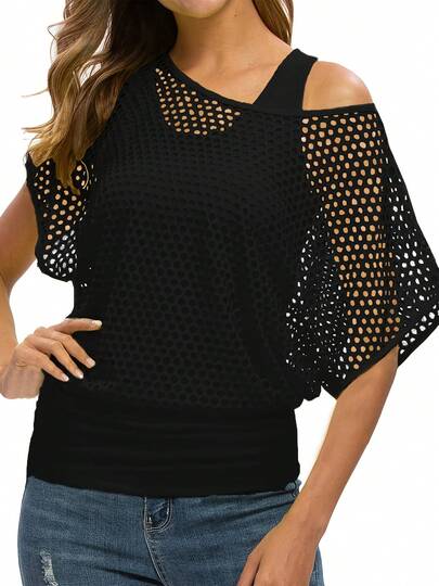2pcs Women's Neon Solid Color Casual Fashionable Vacation Off-Shoulder Fishnet Cover-Up T-Shirt + Camisole Set, Spring/Summer