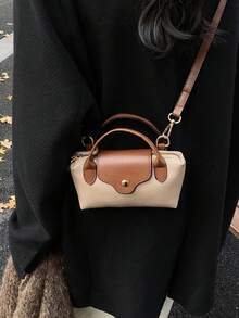 Tas Tangan Mini Desain Colorblock Terbaru, Tas Bahu Kain Nilon Tahan Air, Tas Persegi dan Tas Keranjang, Cocok untuk Bepergian, Pesta, dan Liburan. - Khaki - View 5