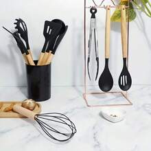 14/12件套硅胶厨具套装，带木柄和储物盒 - 黑色 - 查看 3