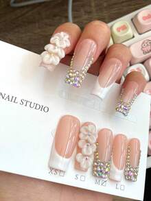 10片/套 超长矩形法式雕花水晶水钻全覆盖可重复使用美甲贴纸，4种尺寸可选，适合女孩/女士、演员、舞台表演、节日、派对、婚礼、日常佩戴。美甲用品 手工按压式美甲贴片 - 彩色 - 查看 2