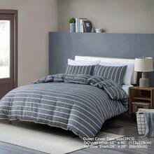 Grey And White Striped Comforter Set Microfiber 2/3pieces Queen Duvet Cover Set Full 90"X90"With Zipper Closure And 2 Pillow Shams Soft Lightweight Hotel Grey Bedding Set Gray Striped Duvet Cover Set - 灰白 - 查看 3