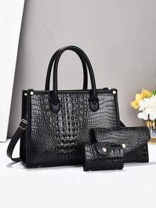 3件套大容量鳄鱼压纹女士手提包组合包，商务休闲单肩手提包配女士钱包，母亲节礼物 - 黑色 - 查看 12