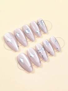 24 piezas de uñas postizas de almendra con brillo, diseños de lazo y estrella plateada, suministros para uñas