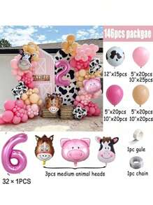 Conjunto de 146 piezas de decoración con arco y guirnalda de globos con tema de granja, incluye 40 pulgadas números del 1 al 9 de globos de aluminio rosas y globos con decoración de animales de granja para fiesta