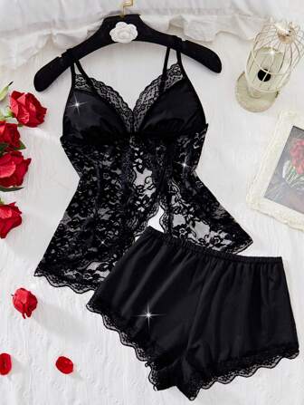 2pcs Lace Hollow Sexy Lingerie Set, Adjustable Strap V-Neck Backless Top And Shorts, Comfortable Sexy Women Sleepwear