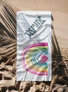 Toalla de playa personalizable con texto personalizado y diseño de arcoíris y dibujos animados - Suave, de secado rápido y portátil, artículo esencial para salidas a la playa en verano, regalo perfecto para viajes de graduación y regalo de viaje romántico de regreso a la escuela