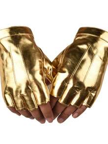 1 Paar Herren Handschuhe mit Streifen und halben Fingern aus glänzendem Leder, Modeaccessoire für Bühnenauftritte, Frühling/Sommer - Halbfingerhandschuhe für Herren - Übersicht 4