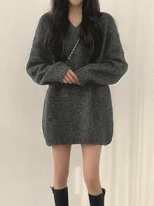 Korean Chic Oversized V-Neck Mid-Length Pullover Sweater Top For Women - Dark Grey - View 3