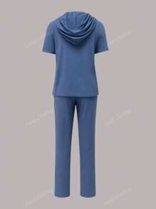 2pcs/Set Women Summer Casual Suit - Solid Color Hooded Short Sleeve Top And Elastic Waist Pocket Straight Leg Pants