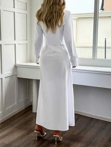 Vestido de camisa con cuello de mujer Unadoll para primavera, diseño con botones, cintura con lazo, estilo de cuello abierto, elegante y generoso, adecuado para viajes, salidas, cumpleaños, eventos, citas, fiestas, San Valentín y otras ocasiones Blanco - Blanco - Ver 6