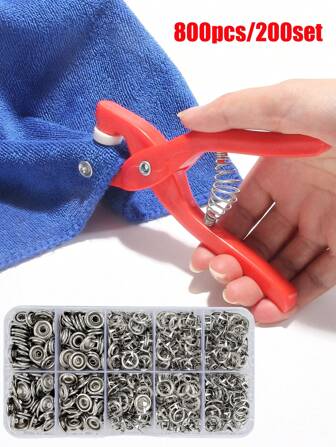 800 Stücke/200 Sets silberne Metalldruckknöpfe mit Installationszange Werkzeug Set 9,5mm, Nähen & DIY Basteln