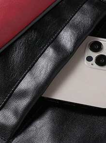 Men's Fashion Contrast Color Embroidered Leather Jacket Outerwear, Suitable For Riding, Racing, Spring & Autumn, Grunge